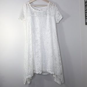 Roz & Ali Ivory Lace Handkerchief Hem SS Dress XL